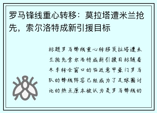 罗马锋线重心转移：莫拉塔遭米兰抢先，索尔洛特成新引援目标